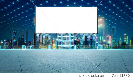 Blank billboard standing on rooftop with illuminated futuristic cityscape view at night Blank billboard standing on rooftop with illuminated futuristic cityscape view at night 123533270