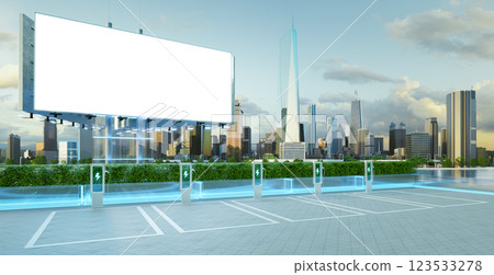 Electric vehicle charging station with a blank billboard and a city skyline promoting sustainable transportation 123533278