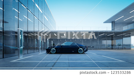 Electric sports car charging at modern glass building 123533286