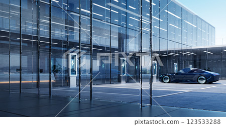 Electric car charging at modern glass building with multiple charging stations Electric car charging at modern glass building with multiple charging stations 123533288