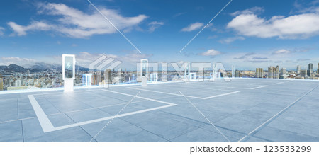 Electric vehicle charging stations dominating sapporo city rooftop parking area Electric vehicle charging stations dominating sapporo city rooftop parking area 123533299