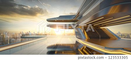 Futuristic building with empty rooftop overlooking city at sunset 123533305