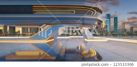 Futuristic building with illuminated floor overlooking city skyline at sunset 123533306