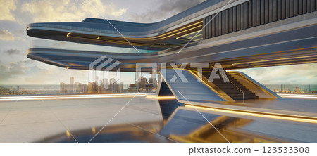 Futuristic building overlooking city skyline at sunset Futuristic building overlooking city skyline at sunset 123533308