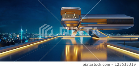 3D Futuristic building landing on rooftop with city skyline at night 123533319