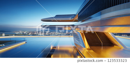3D Futuristic rooftop building with overlooking city at dusk 3D Futuristic rooftop building with overlooking city at dusk 123533323