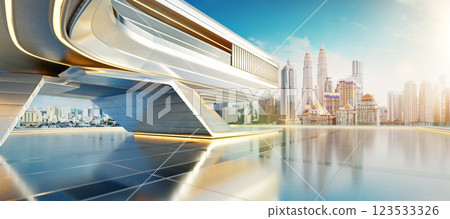 3D Futuristic building overlooking kuala lumpur skyline at sunrise 3D Futuristic building overlooking kuala lumpur skyline at sunrise 123533326