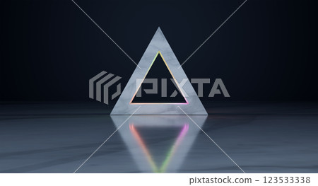 Glowing neon light forming a triangle shape on marble floor Glowing neon light forming a triangle shape on marble floor 123533338