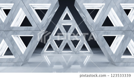 Futuristic marble walls creating glowing triangular patterns in modern interior Futuristic marble walls creating glowing triangular patterns in modern interior 123533339