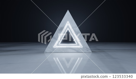 Marble pyramid shining with neon lights on reflective floor 123533340