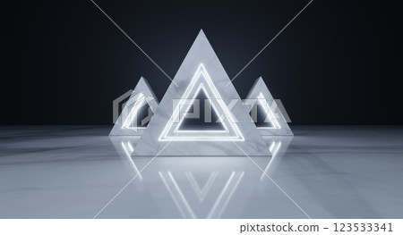 Glowing neon triangles illuminating marble podium on reflective floor 123533341
