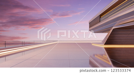 3D Futuristic building with neon lights illuminating rooftop at sunset 123533374