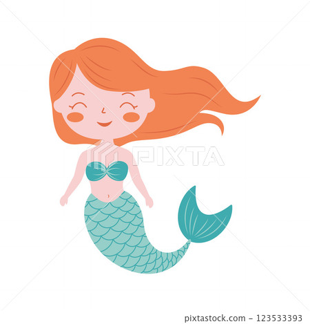 Cute Pretty Little Girl Mermaid Cartoon Character in the Sea with Happy Expression 123533393