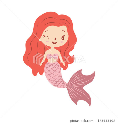 Cute Pretty Little Girl Mermaid Cartoon Character in the Sea with Happy Expression 123533398