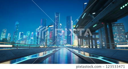 Futuristic highway leading to illuminated metropolis at dusk 123533471