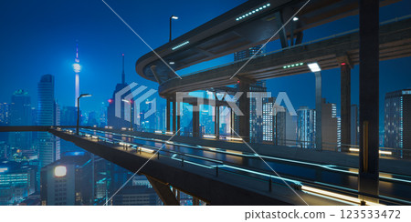 Futuristic highway overpass dominating modern city skyline at night Futuristic highway overpass dominating modern city skyline at night 123533472
