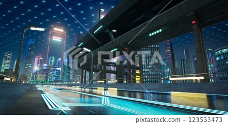 Futuristic highway traffic moving through illuminated metropolis at night Futuristic highway traffic moving through illuminated metropolis at night 123533473