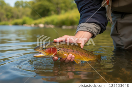 Fisherman releasing trout into river after catch and release fly fishing sport nature outdoor adventure conservation wildlife water recreation peaceful activity relaxation 123533648