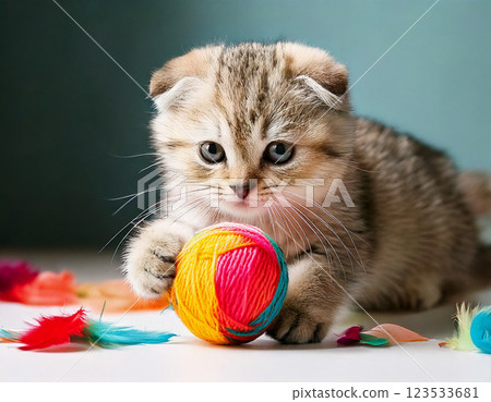 Scottish fold kitten playing with a ball of yarn 123533681