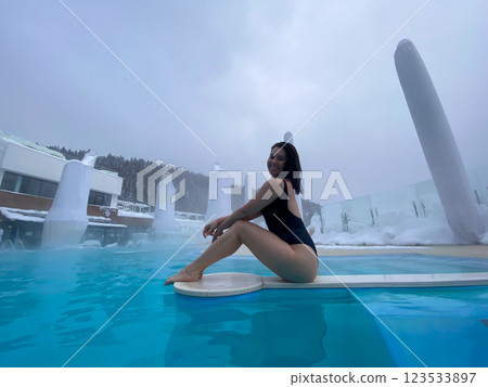 Winter Poolside Relaxation in Snowy Landscape 123533897