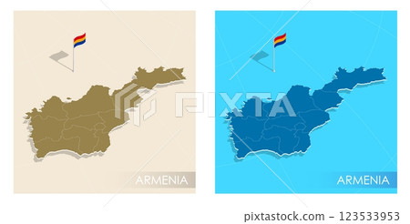 Armenia country flag installed on geographic positioning map point of country territory. Armenian commonwealth banner on land and sea. Festive patriotic HD format template for independence day 123533953