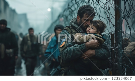 Soldier holding a child near barbed wire, symbolizing protection in a war zone 123534067