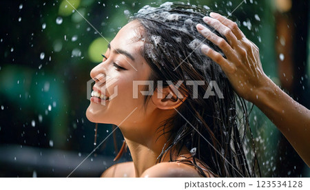 Woman shampooing (AI-generated image) 123534128