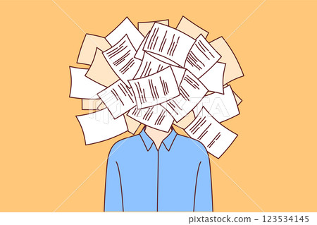 Man suffering from bureaucracy and paperwork, stands with bunch of documents instead of face 123534145