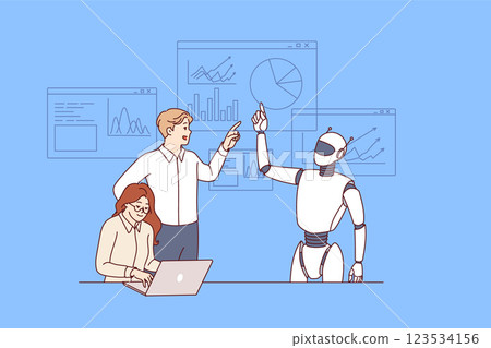 Business meeting of robot and office employees discussing plans to achieve financial goals Business meeting of robot and office employees discussing plans to achieve financial goals 123534156