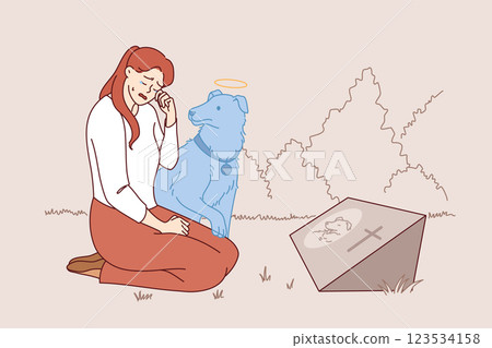 Woman cries over death of beloved dog, sits near gravestone and feels presence of pet soul 123534158