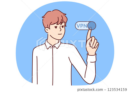 Man presses VPN button to remain invisible on internet and maintain privacy online surfing 123534159