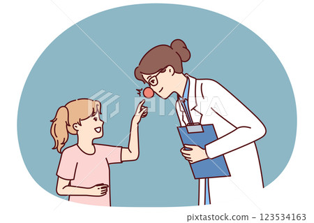 Woman doctor with red nose leans towards little girl for concept treating in pediatric clinic Woman doctor with red nose leans towards little girl for concept treating in pediatric clinic 123534163