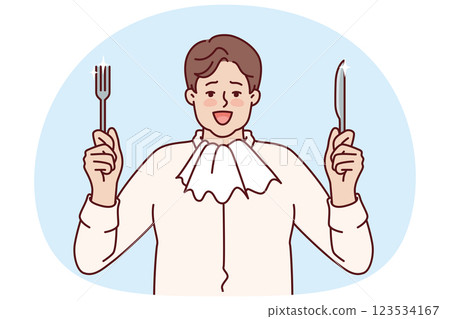 Fat man with napkin around neck holds fork and knife and prepares for hearty dinner and eating Fat man with napkin around neck holds fork and knife and prepares for hearty dinner and eating 123534167