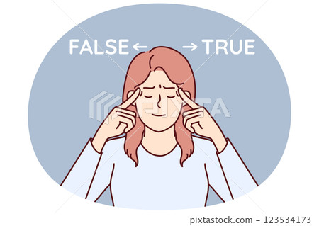 Woman near inscriptions false and true reflects trying to choose from two options and make decision 123534173