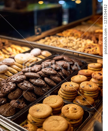Cookies on shelves for sale in coffee shop Cookies on shelves for sale in coffee shop 123534452