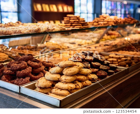 Cookies on shelves for sale in coffee shop Cookies on shelves for sale in coffee shop 123534454