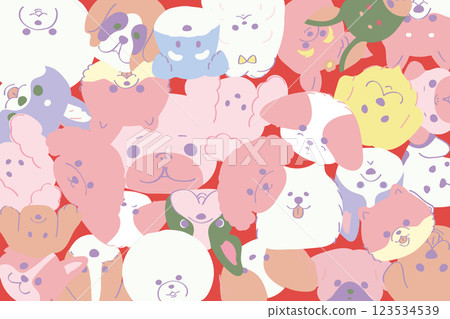 時尚多彩的背景,狗臉重疊:塗鴉、玩具貴賓犬、吉娃娃、博美犬、柴犬 時尚多彩的背景,狗臉重疊:塗鴉、玩具貴賓犬、吉娃娃、博美犬、柴犬 123534539