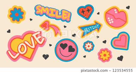 Colorful retro sticker set with fun cartoon design Colorful retro sticker set with fun cartoon design 123534555