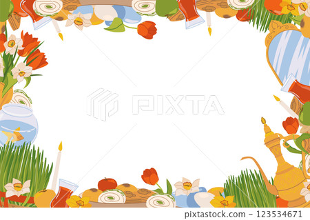 International Day of Nowruz card with a bridge for text. Iranian New Year is a holy day and religious holiday for Zoroastrians and Baha'is. Mirror, green grass, sweets, candles, flowers. Vector. International Day of Nowruz card with a bridge for text. Iranian New Year is a holy day and religious holiday for Zoroastrians and Baha'is. Mirror, green grass, sweets, candles, flowers. Vector. 123534671