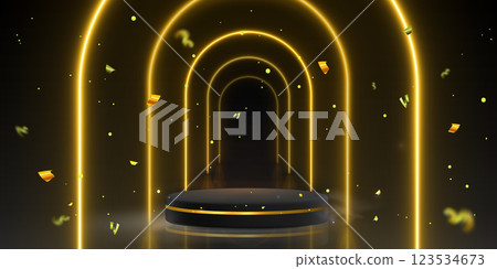 Black luxury podium with arches and confetti Black luxury podium with arches and confetti 123534673