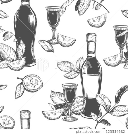 Bottle of Italian liqueur Nocino, glass with aperitif. Vector seamless pattern in engraving technique. Unripe walnut seeds whole and halves, leaves and branches. Linear sketch in black ink. 123534682