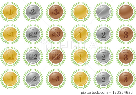 Set of ranking medals and green laurels 123534683