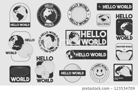 Y2k globe stickers with Hello World text Y2k globe stickers with Hello World text 123534709