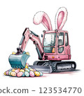 Festive Pastel Pink Easter excavator with bunny ears and a bucket full of colorful eggs, perfect for holiday-themed designs and construction enthusiasts. 123534770