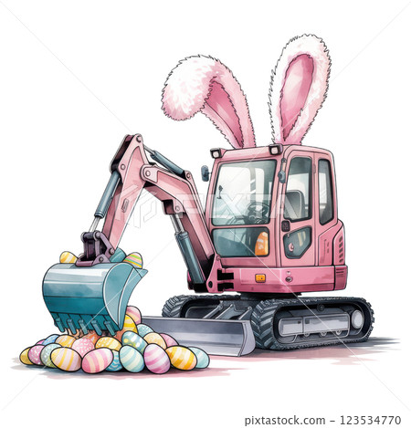 Festive Pastel Pink Easter excavator with bunny ears and a bucket full of colorful eggs, perfect for holiday-themed designs and construction enthusiasts. 123534770