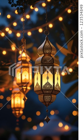 Warm Glow of Ramadan Lanterns in a Starry Evening 123534849