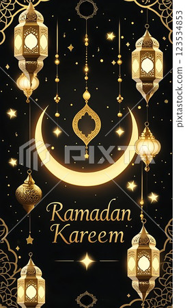 Elegant Ramadan Kareem with Golden Ornaments and Lanterns 123534853