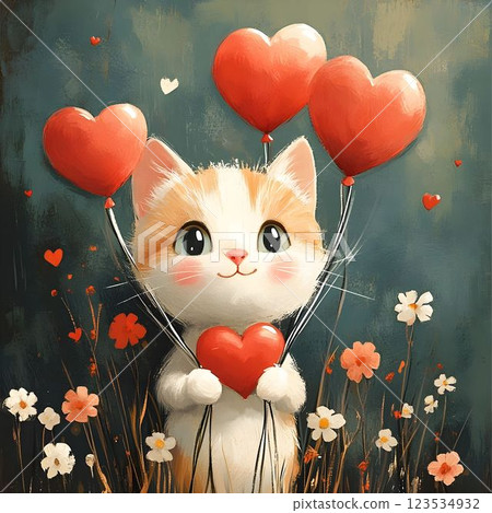 Kitten is holding heart shaped balloons, cute flowers surrounding the cat, kitty in love smiling, postcard for couple in love, wedding card, birthday card, atmosphere of love romance nostalgia 123534932
