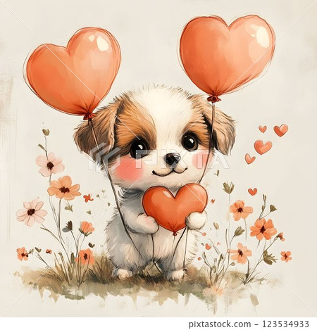 Puppy is holding heart shaped balloons, cute flowers surrounding the dog, puppy in love smiling, postcard for couple in love, wedding card, birthday card, atmosphere of love romance nostalgia 123534933