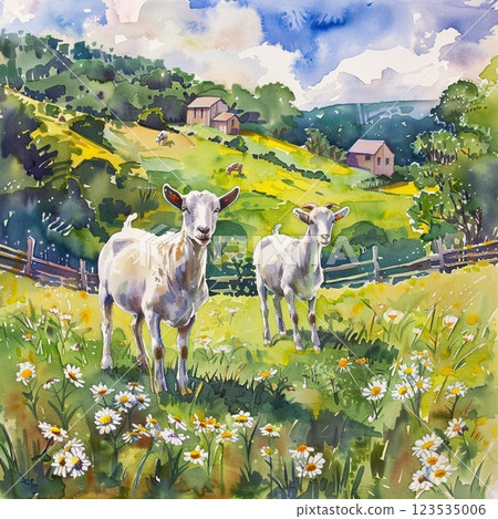 Sunny spring day, goats graze in the meadow in the village and eat green grass. Village life, picture painted with watercolors Sunny spring day, goats graze in the meadow in the village and eat green grass. Village life, picture painted with watercolors 123535006